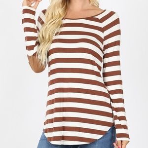 Brown Stripe Boat Neck Long sleeve w Patches Tee